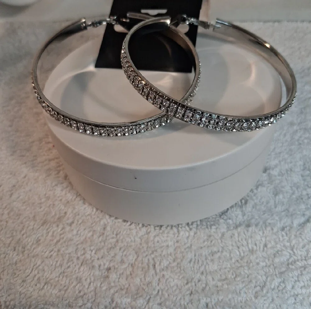 Large Rhinestone Hoop Earrings - Silver Sparkle